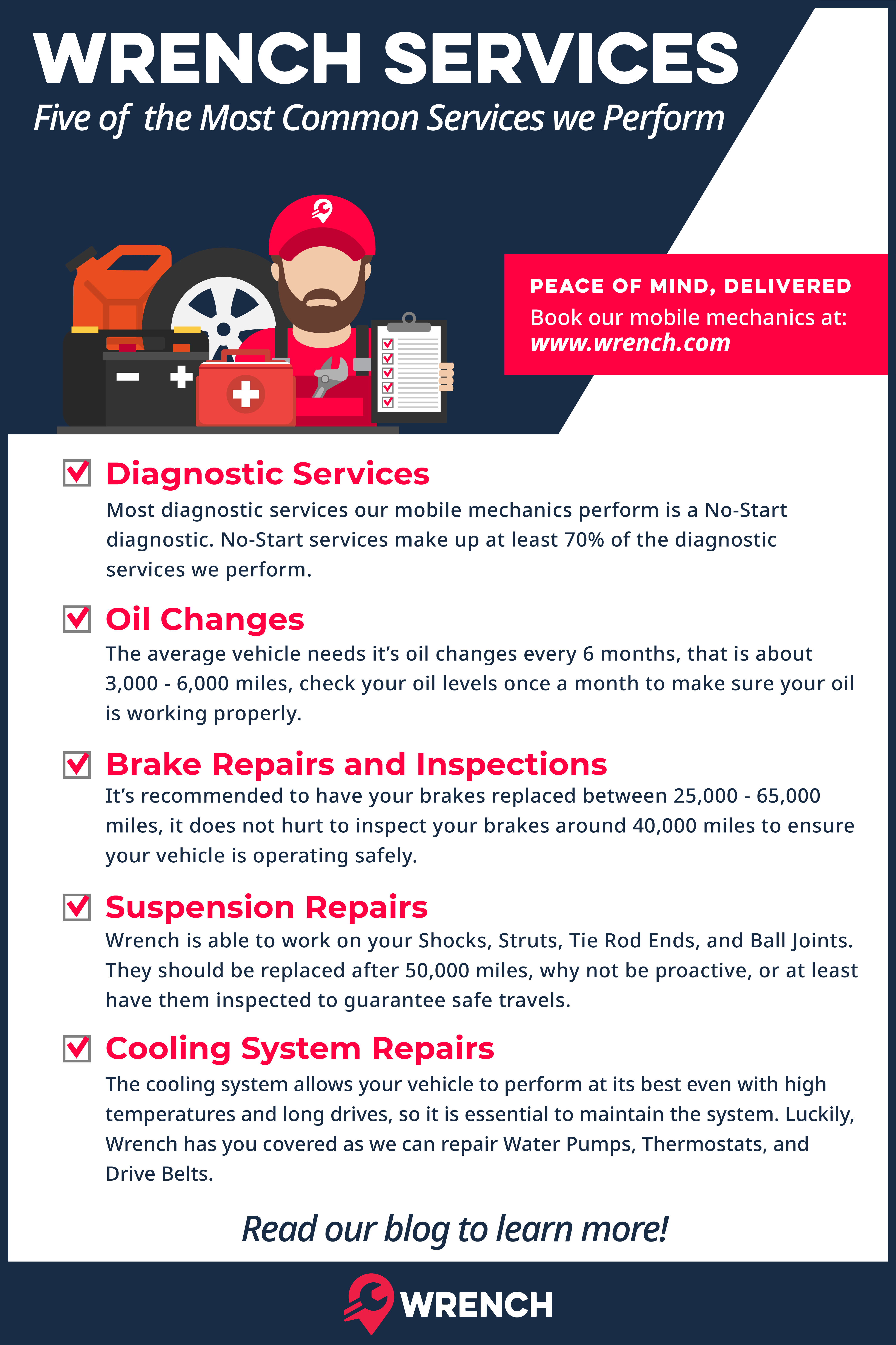 Wrench's most common services, from diagnostics, oil changes, brake repairs/inspections, and even cooling system repairs